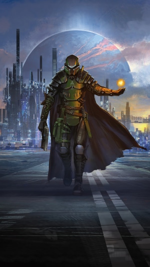 Sci-fi warrior with glowing orb in futuristic city