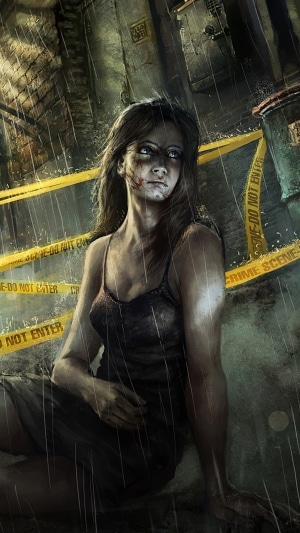 Woman in rain with crime scene tape