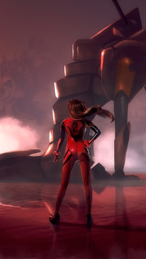 Asuka Langley Soryu from Neon Genesis Evangelion with a giant robot