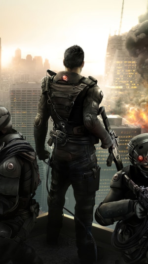Soldiers in tactical gear overlooking a burning city