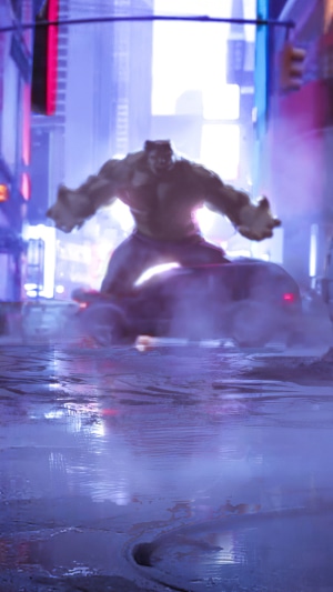 Hulk standing on a car in a city street