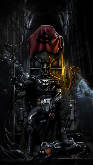 Batman sitting on a throne with a trident
