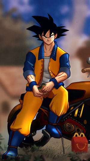 Goku from Dragon Ball sitting on a motorcycle