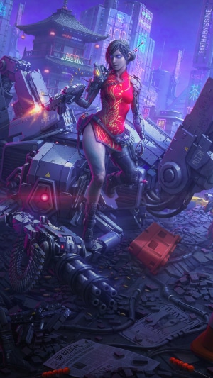 Cyborg woman in red dress with futuristic city background