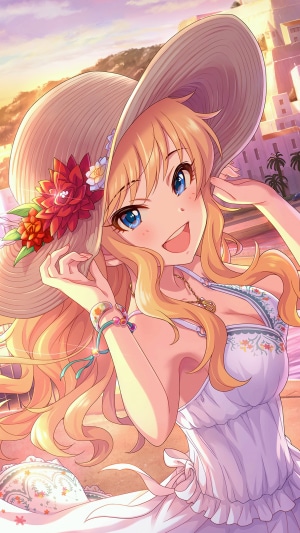 Anime girl in a sun hat at the beach