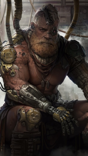Cybernetic Warrior with Beard and Prosthetic Arms