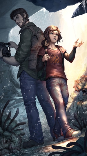 Joel and Ellie from The Last of Us in a cave