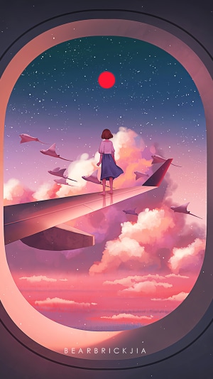 Girl on airplane wing with manta rays in the sky