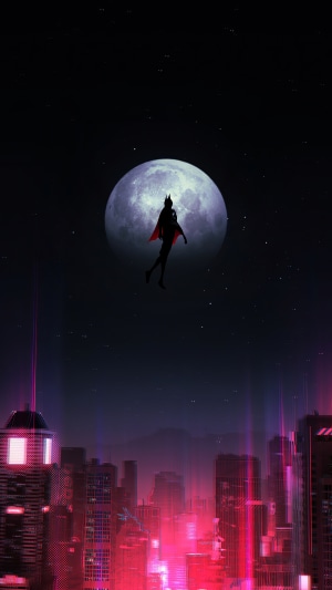 Batman flying in front of the moon over a neon city