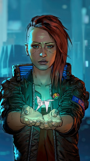 Female character from Cyberpunk 2077 holding origami crane