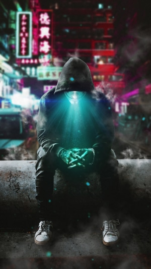 Anonymous figure with glowing chest in neon city