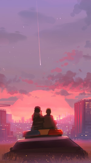 Two people on a police car watching a meteor shower