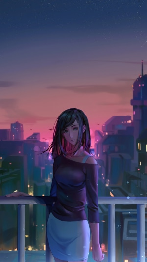 Anime girl on a balcony overlooking a city at dusk