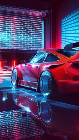 Red Porsche 911 with spoiler in neon garage