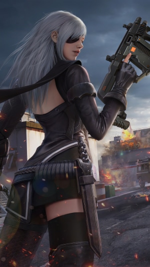 Woman with gun in a war-torn city 4K