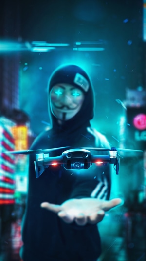 Anonymous hacker with drone in neon city 4K