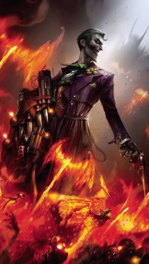 The Joker with a gun and a steampunk weapon in fire