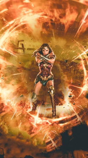 Wonder Woman in a fiery explosion