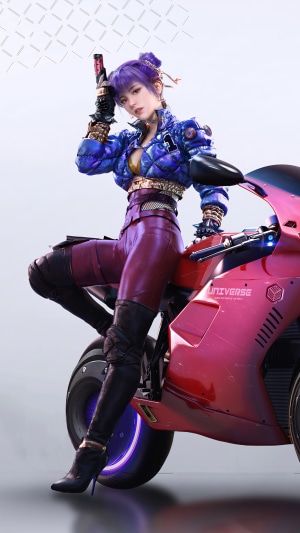 Artwork of a woman with purple hair on a motorcycle