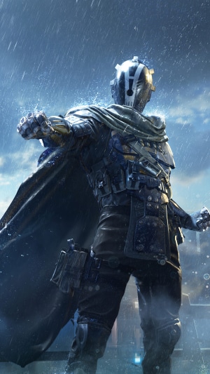 Player in armor from PUBG in the rain
