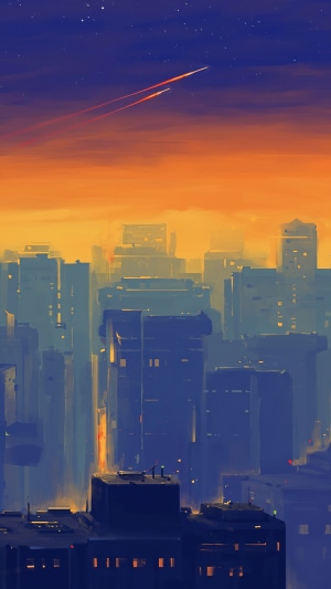 Digital art cityscape with shooting stars at sunset