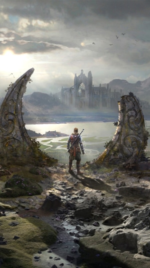 Man standing before a castle and lake