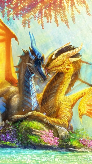 Two dragons embracing under a canopy of leaves