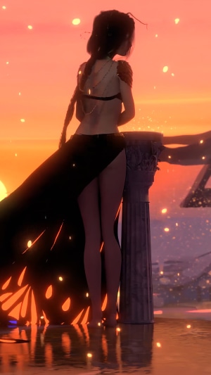 Anime girl with butterfly wings at sunset