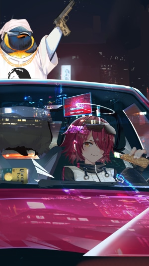 Anime girl in car with penguin holding gun