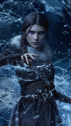 Artwork of a woman with blue eyes and braided hair