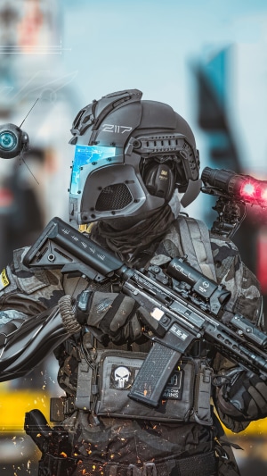 Sci-fi soldier with futuristic helmet and rifle