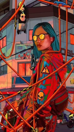 Artwork of a woman with blue hair and sunglasses