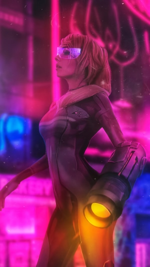Cyberpunk woman with futuristic visor and arm cannon