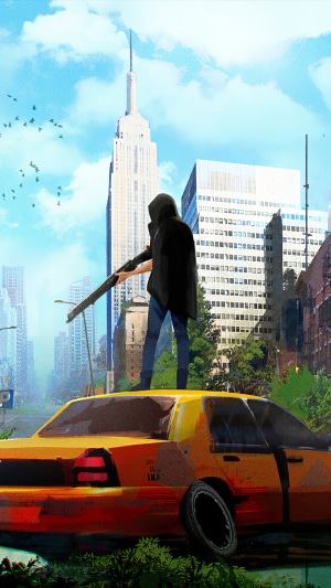 Post-apocalyptic New York City with a hooded figure on a taxi