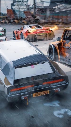 Cars racing with flames and smoke