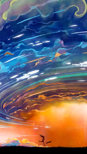 Digital art of a girl running through a colorful storm