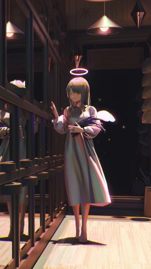 Anime angel girl with halo and wings