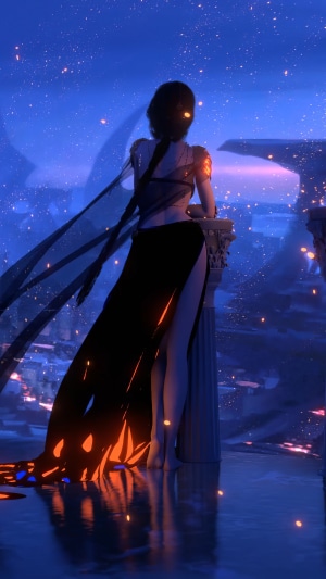Anime girl in black dress overlooking city at night