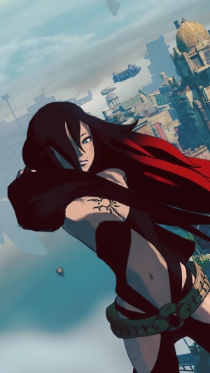 Girl with red cape in a city