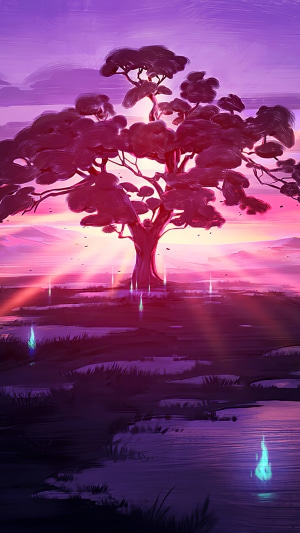 Fantasy Tree with Glowing Lights at Sunset
