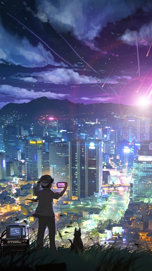 Person and dog watching meteor shower over city