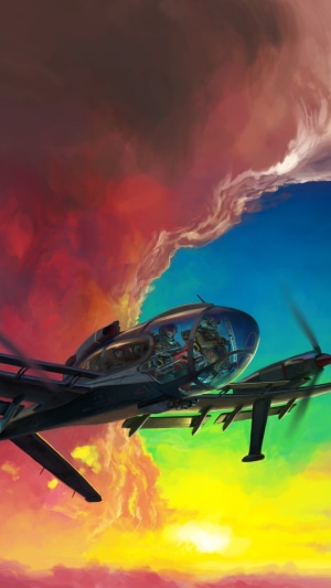 Two pilots in a cockpit flying through colorful clouds