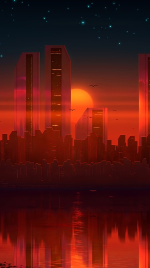 Cityscape at sunset with reflections