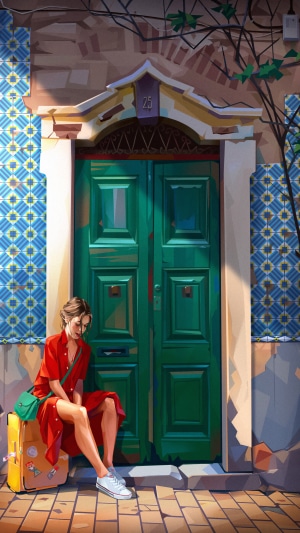 Woman in red dress sitting on suitcase by green door
