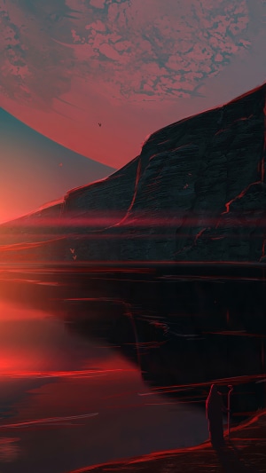 Digital art of a surreal alien landscape at sunset