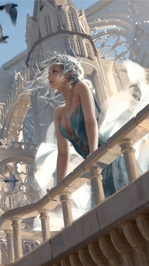 Fantasy woman on balcony with gothic architecture