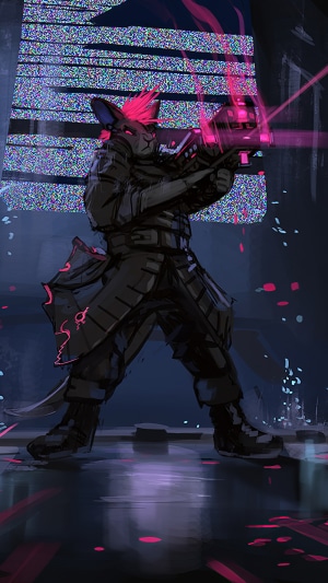 Cyberpunk character with pink mohawk holding a sci-fi weapon