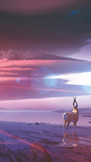 Minimalist digital art of a deer by a lake at sunset