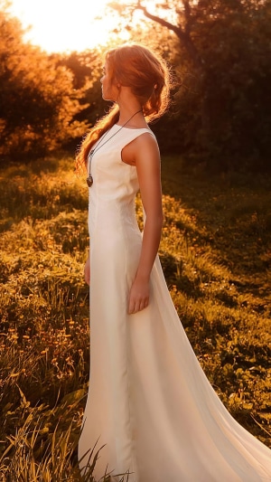 Girl in white dress in a sunlit forest