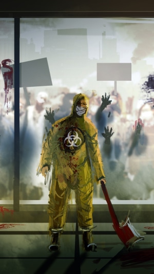 Man in Hazmat suit with biohazard symbol and axe